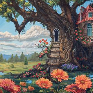 whimsical tree house and flowers
