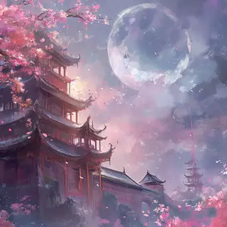 pink castle with cherry branches and moon