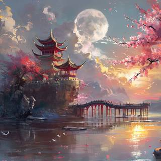 pink castle with cherry branches and moon
