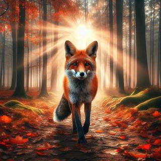 A realistic image of a red fox with a bushy tail and black ears, walking on a dirt path through a forest with tall trees and colorful leaves, with rays of sunlight and mist creating a magical atmosphere, morning wildlife photography