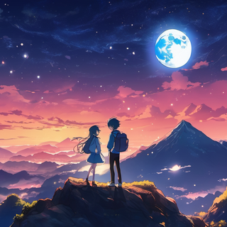 a couple kissing on a mountain under the moon at night