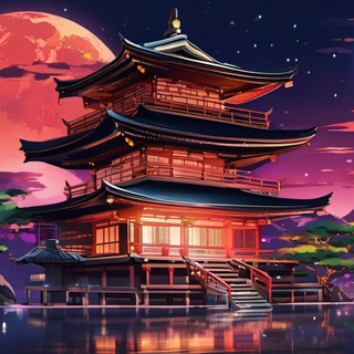 japanese temple under the moon at night