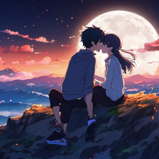 a couple kissing on a mountain under the moon at night