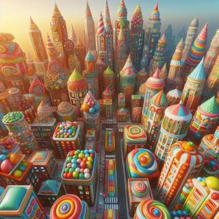 a city with buildings made of different, bright, colorful candies and looks like a wondrous candy land