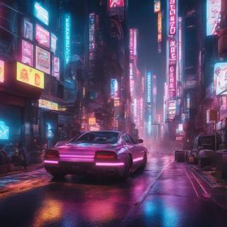 Electric cyber car in neon city desktop