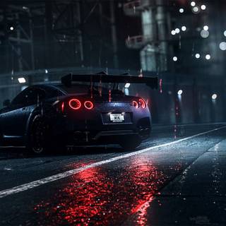 Blue sports car wallpaper, dark, night, rain, Nissan, Nissan GT-R