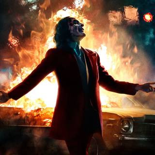 Joaquin Phoenix, Joker, Batman, fire, car, Joker (2019 Movie)