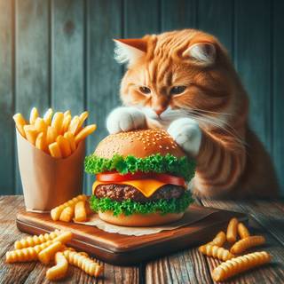cat eating a burger with chips