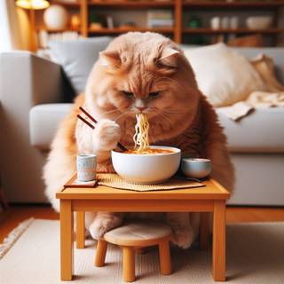 Cat eating raman