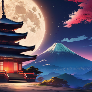 japanese temple under the moon at night