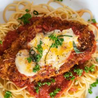 Spaghetti with breaded fillet