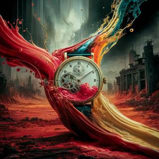 "A watch suspended in a world of swirling colors, echoing the passage of time. 