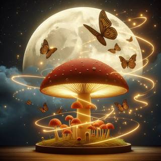"Nocturnal Illumination: Witness the brilliance of a glowing mushroom glossary in the dark, emitting warmth, with tiny butterflies dancing in the soft glow of fly lighting."