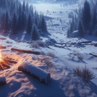 view of a campfire in the snow
