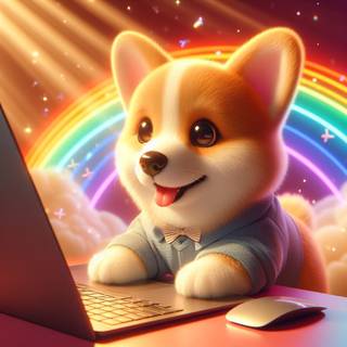 a corgi typing on a computer in a portal