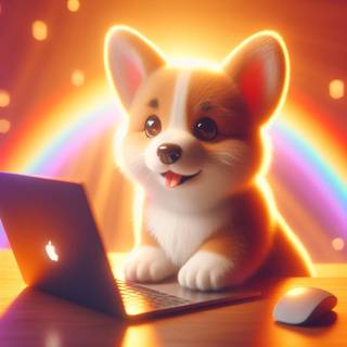 A corgi typing on a computer in a portal