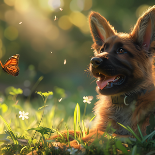 German shepherd puppy watching a butterfly by BlueTechWizard