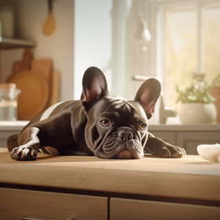 French Bulldog Relaxing in Sunlit Kitchen by Laxmonaut