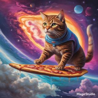 cat surfing a pizza in space