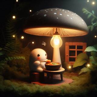 A lil mushroom guy eating soup