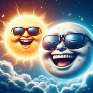 Image of the moon wearing sunglasses and laughing, with the sun in the background wearing sunglasses.