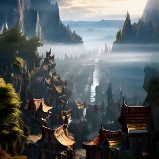 Fantasy Village Mountain River Landscape Vertical by HistoricaLinux