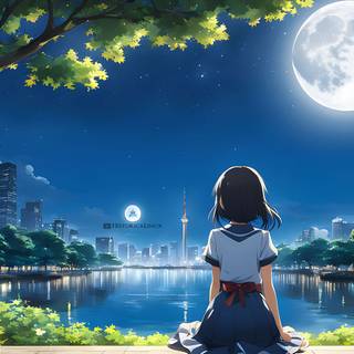 Anime girl waterfront full moon for Nyarch Linux Wallpaper