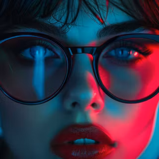 Blue eyes behind glass