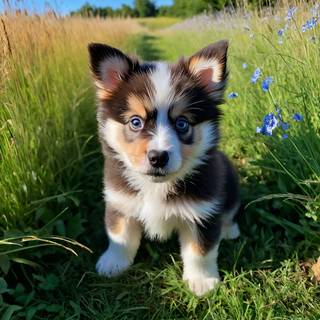 puppy plays in the field