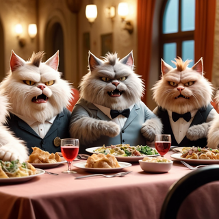 A trio of cats at dinner