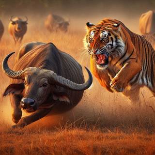 Tiger hunting a buffalo 