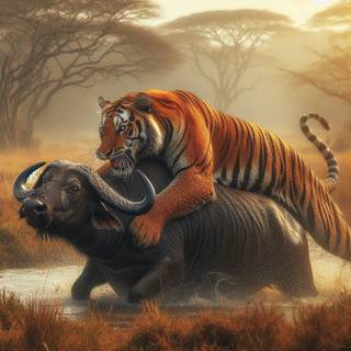 Tiger hunting a buffalo 
