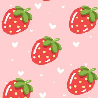 Free cute strawberry with hearts phone wallpaper. Pastel pink summer background.