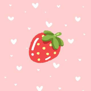 Free cute strawberry with hearts phone wallpaper. Pastel pink summer background.
