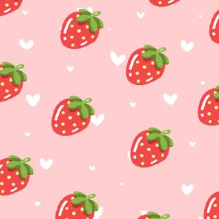 Free cute strawberry with hearts phone wallpaper. Pastel pink summer background.