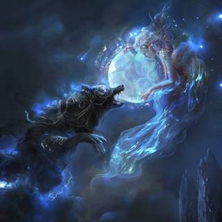 girl and wolf in sky