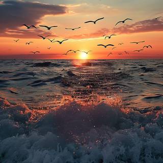 birds flying over the sea with beautiful sunset