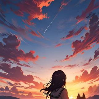 anime girl sitting with her dog in beautiful evening