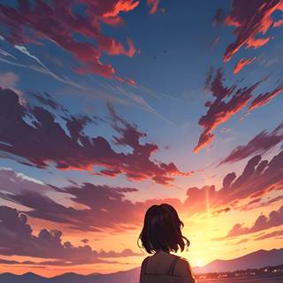 anime girl sitting with her dog in beautiful evening