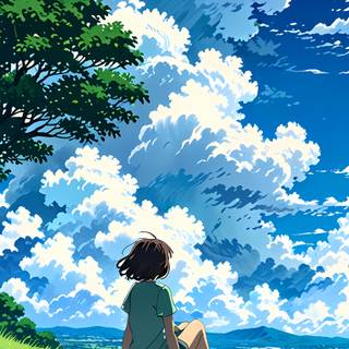 anime girl sitting with her dog in beautiful evening