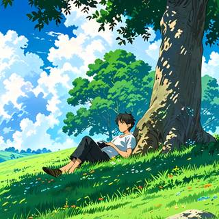 anime boy under tree