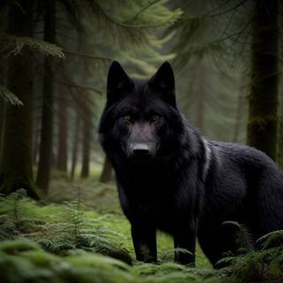 Black big wolf in green forest 