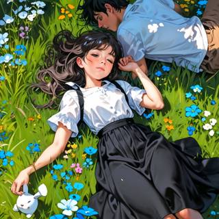 anime girl sitting with her dog in beautiful evening