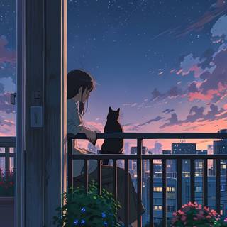 anime girl sitting with her cat  in beautiful evening