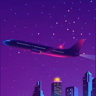 Plane taking off over a neon city 