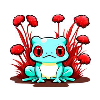 Cute Green Frog Emoji With Red Flowers/Weeds