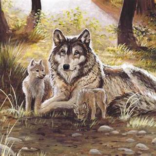 Mother wolf with pups