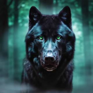Black wolf with green eyes