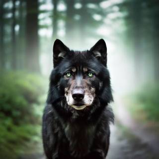 Black wolf with green eyes