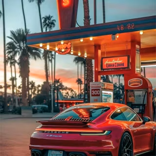 Porsche at a gas station